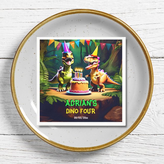 Dino four dinosaur birthday tableware template napkin (Dino four dinosaur birthday party tableware template napkins personalized name t-rex napkins)