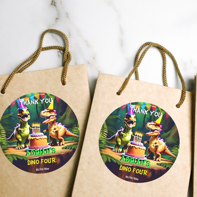 Dino four dinosaur birthday thank you favour classic round sticker (Dino four dinosaur birthday thank you favor sticker personalized dino mite party favor stickers)