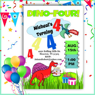 Dino Four Dinosaur Boy 4th Birthday   Invitation
