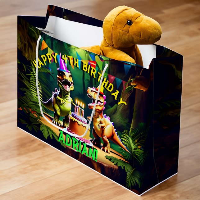 Dino four dinosaur happy birthday  large gift bag (Dino four dinosaur happy birthday large gift bag personalized dinosaur gift bag dinosaur party gifts)