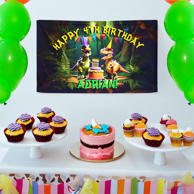 Dino four dinosaur happy birthday template banner (Dino four dinosaur happy birthday template banner cute party dinosaurs birthday banner personalized )
