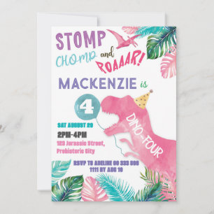 Dino-Four Pink Girl Dinosaur 4th Fourth Birthday  Invitation