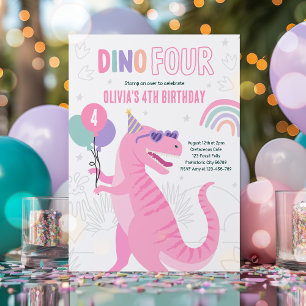 Dino Four Pink T-Rex Dinosaur 4th Birthday Party  Invitation