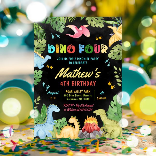 Dino Four T-Rex Dinosaur 4th Birthday Party Invitation (Creator Uploaded)