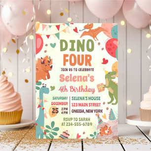 Dino FOUR T-Rex Dinosaur 4th Birthday Party Invitation