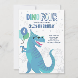Dino Four T-Rex Dinosaur 4th Birthday Party  Invitation