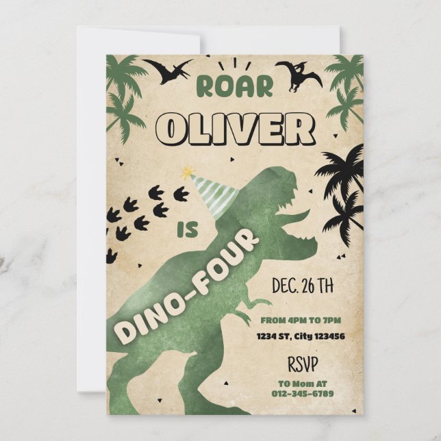 Dino Four T-Rex Dinosaur 4th Birthday Party Invite (Front)