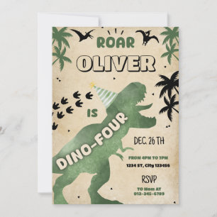 Dino Four T-Rex Dinosaur 4th Birthday Party Invite