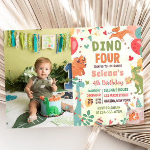 Dino FOUR T-Rex Dinosaur 4th Birthday Party Photo Invitation