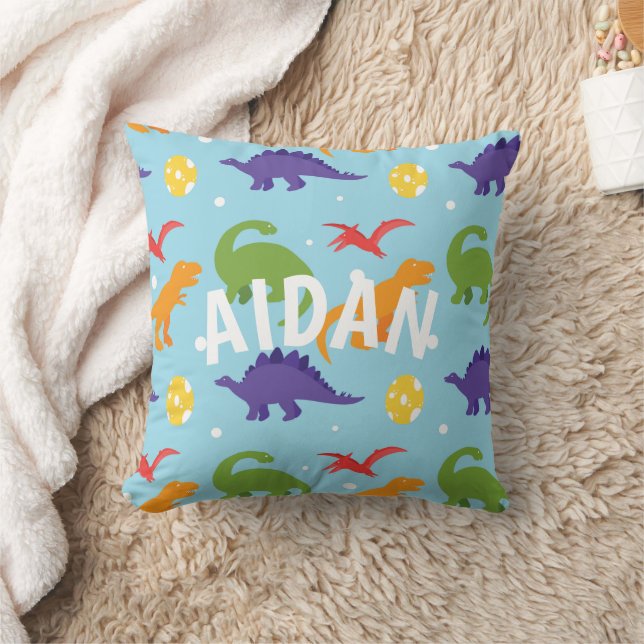 Dino Fun Kids Red Orange Green Purple Throw Pillow (Blanket)