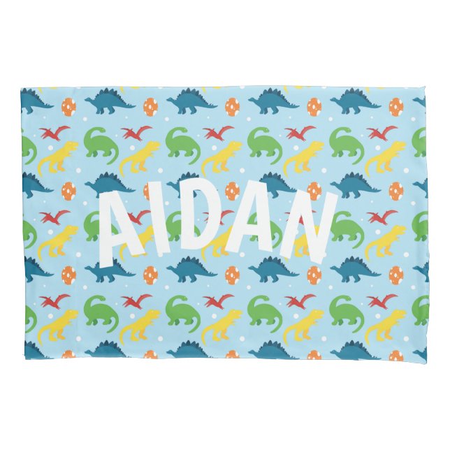 Dino Fun Red Yellow Green Blue Name Pillowcase (Front)