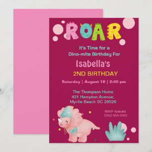 Dino Girls 2nd Birthday Party Invitation
