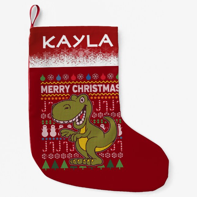 Dino Green Ugly Christmas Sweater Wildlife Series Small Christmas Stocking (Front)