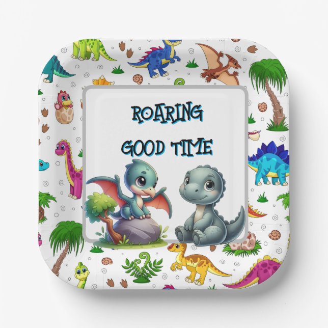 Dino Happy Birthday Paper Plates (Front)