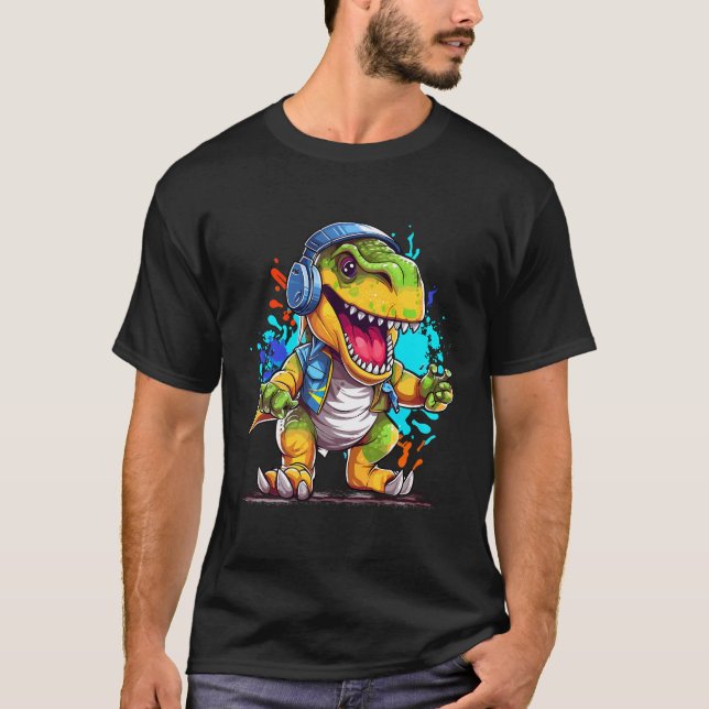 Dino Headphones Aesthetic T Rex Dinosaur Dj Music T-Shirt (Front)