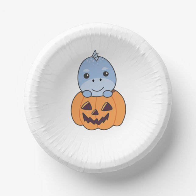 Dino In Pumpkin Sweet Dinos Happy Halloween Paper Plate (Front)