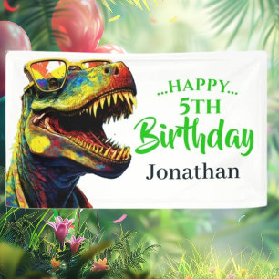 Dino Jurassic Jungle kids Birthday White Banner