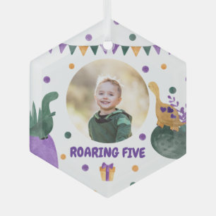 Dino Kid Party Roaring Green Purple Custom Photo Glass Tree Decoration