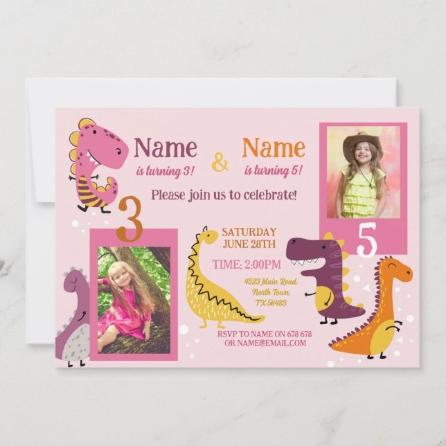 Dino Kids Birthday Girls Pink Photo Shared Party Invitation (Front)