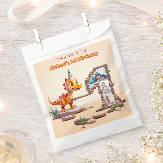 Dino Little Dragon | 1st Birthday Big Number Photo Favour Bags (Clipped)