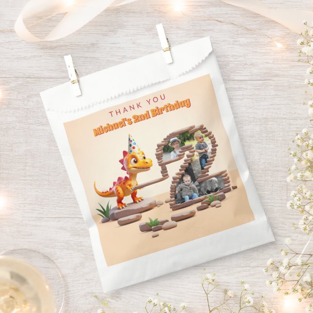 Dino Little Dragon | 2nd Birthday Big Number Photo Favour Bags (Clipped)