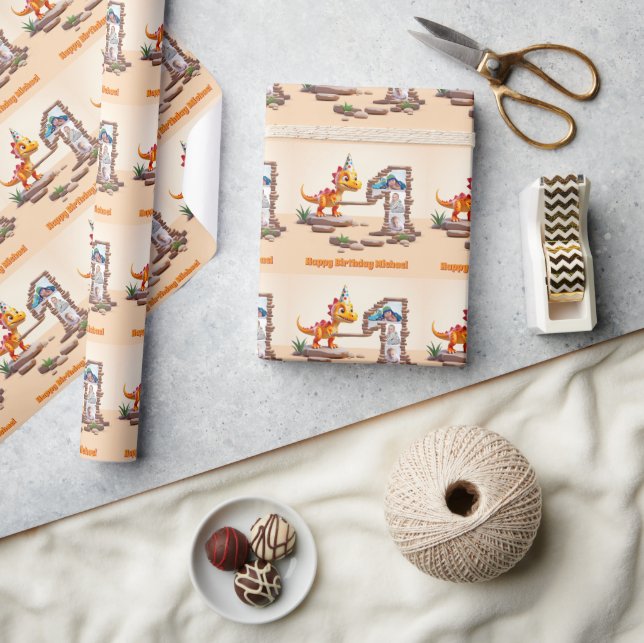 Dino Little Dragon | Photo Big Number 1st Birthday Wrapping Paper (Crafts)