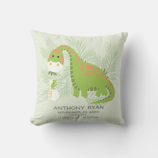 Dino Love Baby Boys Birth Stats Pillow (Front)