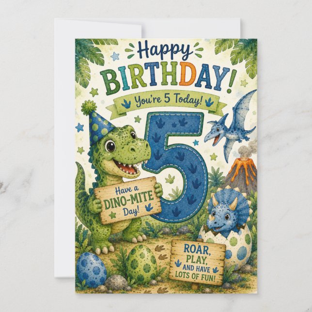 Dino-Mite 5th Birthday Card (Front)