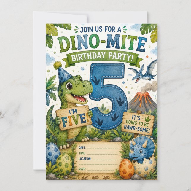 Dino-Mite 5th Birthday Invitation (Front)