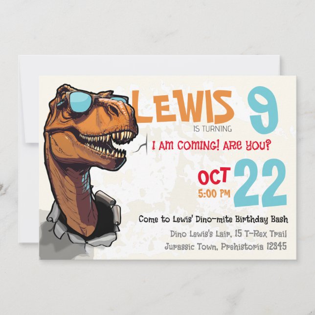 Dino-mite Birthday Bash: Roar with the T-Rex Invitation (Front)