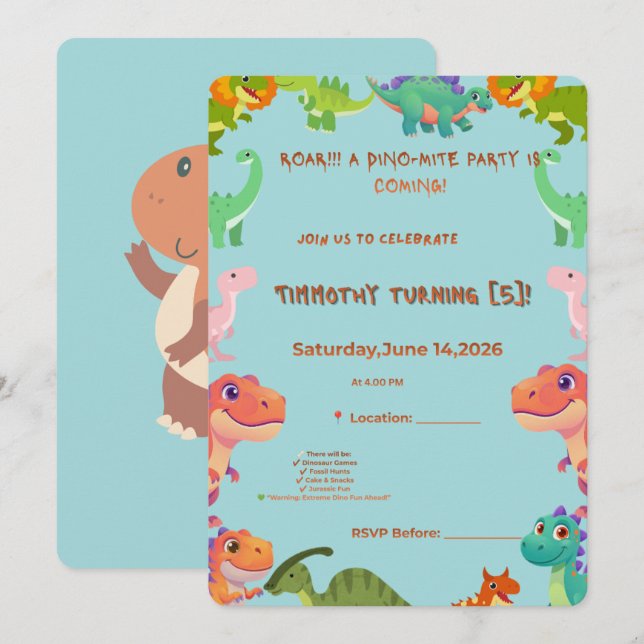 Dino-Mite Celebration Invitation | Personalised Bi (Front/Back)