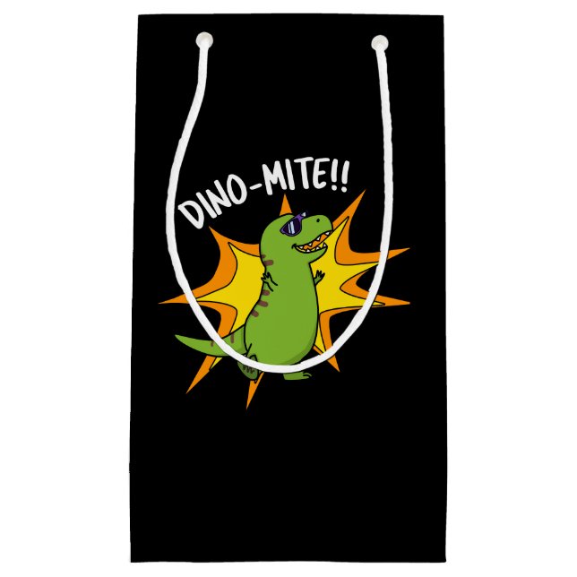 Dino-mite Funny TRex Dinosaur Pun Dark BG Small Gift Bag (Front)