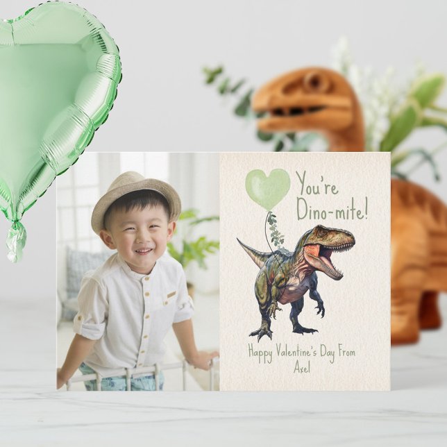 Dino-mite Green Dinosaur Classroom Valentine Photo Card (Creator Uploaded)