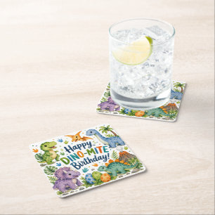 Dino-Mite Happy Birthday Square Paper Coaster