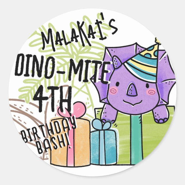 Dino-Mite Kid's Birthday Party Dinosaur Classic Round Sticker (Front)