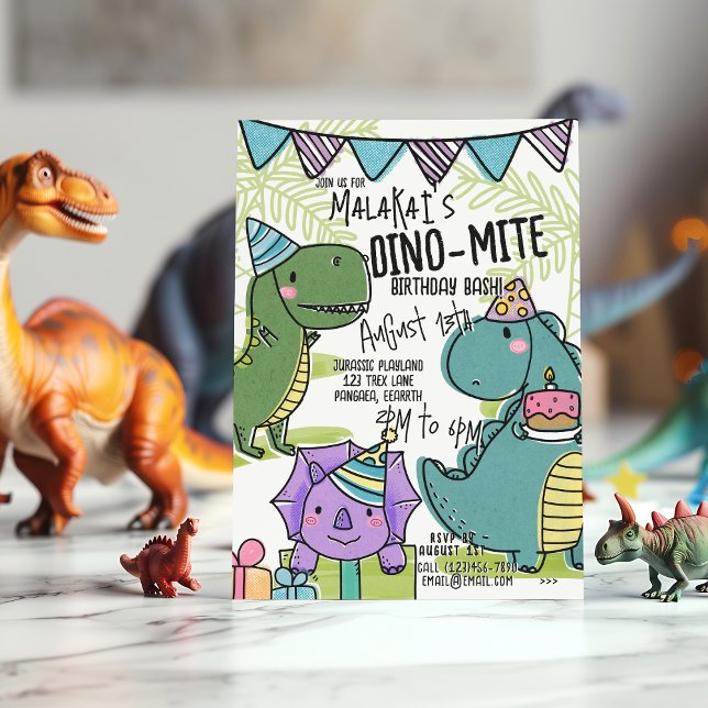 Dino-Mite Kid's Birthday Party Dinosaur Invite (Front)