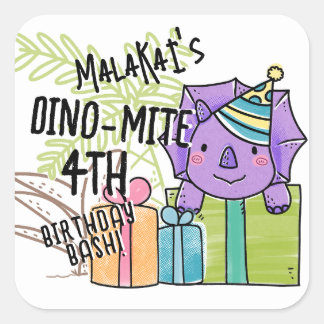 Dino-Mite Kid's Birthday Party Dinosaur Square Sticker
