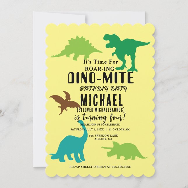 Dino-Mite Party Invites - Roaring Dinosaur Design (Front)