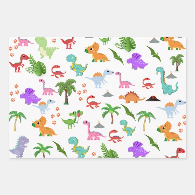"Dino-mite Party: Jurassic Joy Unleashed! Wrapping Paper Sheet (Front)