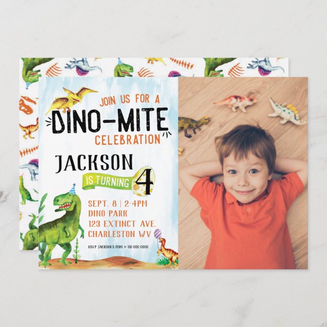 Dino-Mite Photo Dinosaur Birthday Invitation (Front/Back)