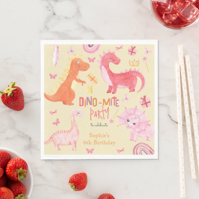 Dino-mite pink dino birthday party napkin (Insitu)