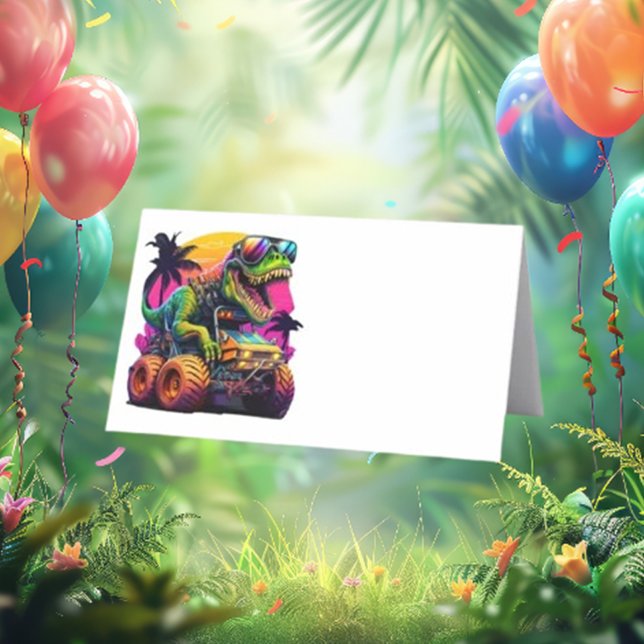 Dino Monster Truck Happy Birthday Place Card (Celebrate your little one's big day with our Dino Monster Truck Happy Birthday place card!)