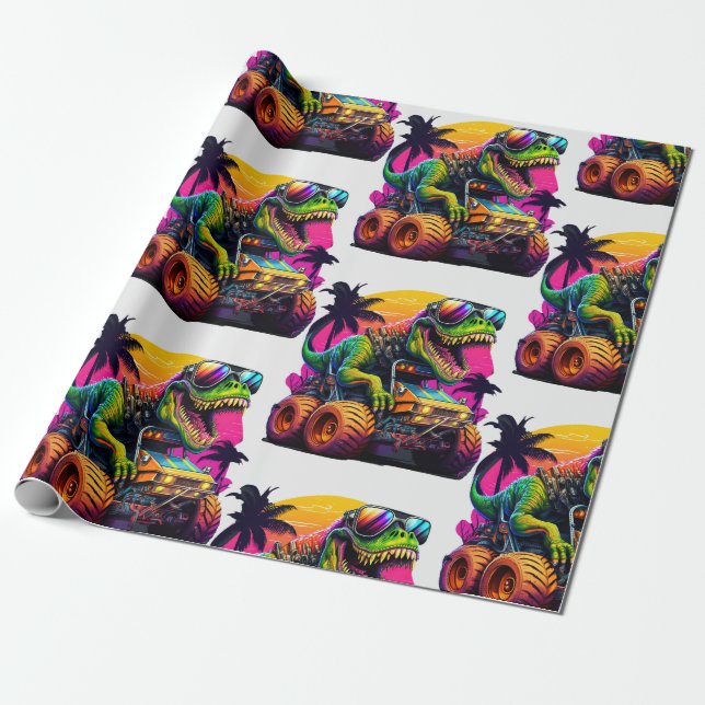 Dino Monster Truck Wrapping Paper (Unrolled)
