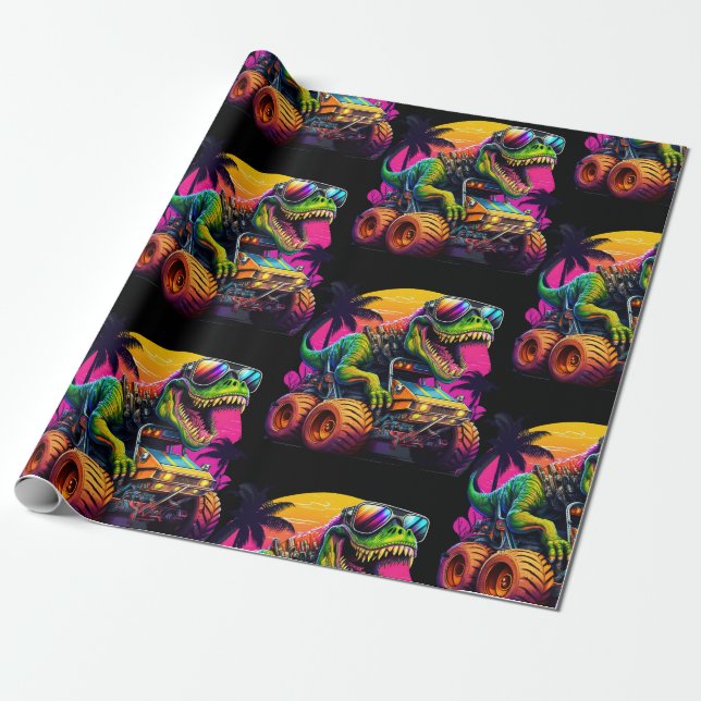 Dino Monster Trucks  Wrapping Paper (Unrolled)