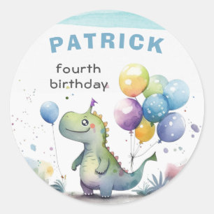 Dino Party Blue Watercolor Boy Birthday Classic Round Sticker