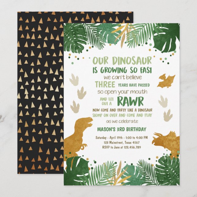 Dino Party Boy Green and Gold Dinosaur Birthday Invitation (Front/Back)