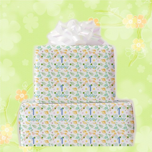 Dino Party Cute Dinosaur Birthday Boy Name & Age W Wrapping Paper (Creator Uploaded)