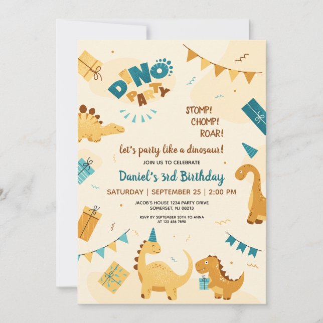 Dino Party. Cute Dinosaurs 3rd Birthday Invitation (Front)