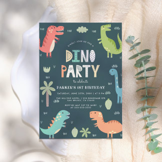 Dino Party | Cute Dinosaurs First Birthday Invitation