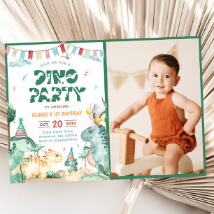 Dino Party Cute Dinosaurs First Birthday Photo Invitation